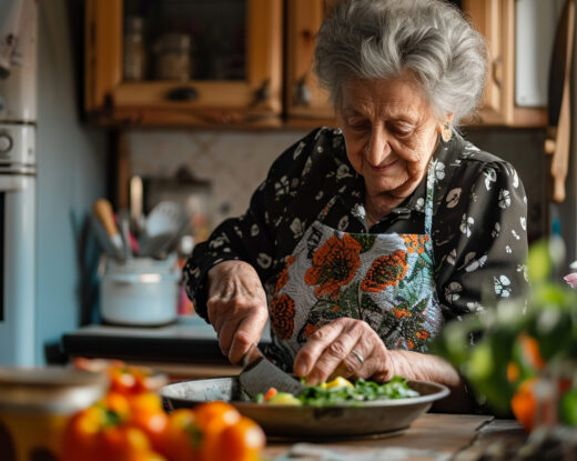 Femme âgée qui est en train de cuisine avec le sourire