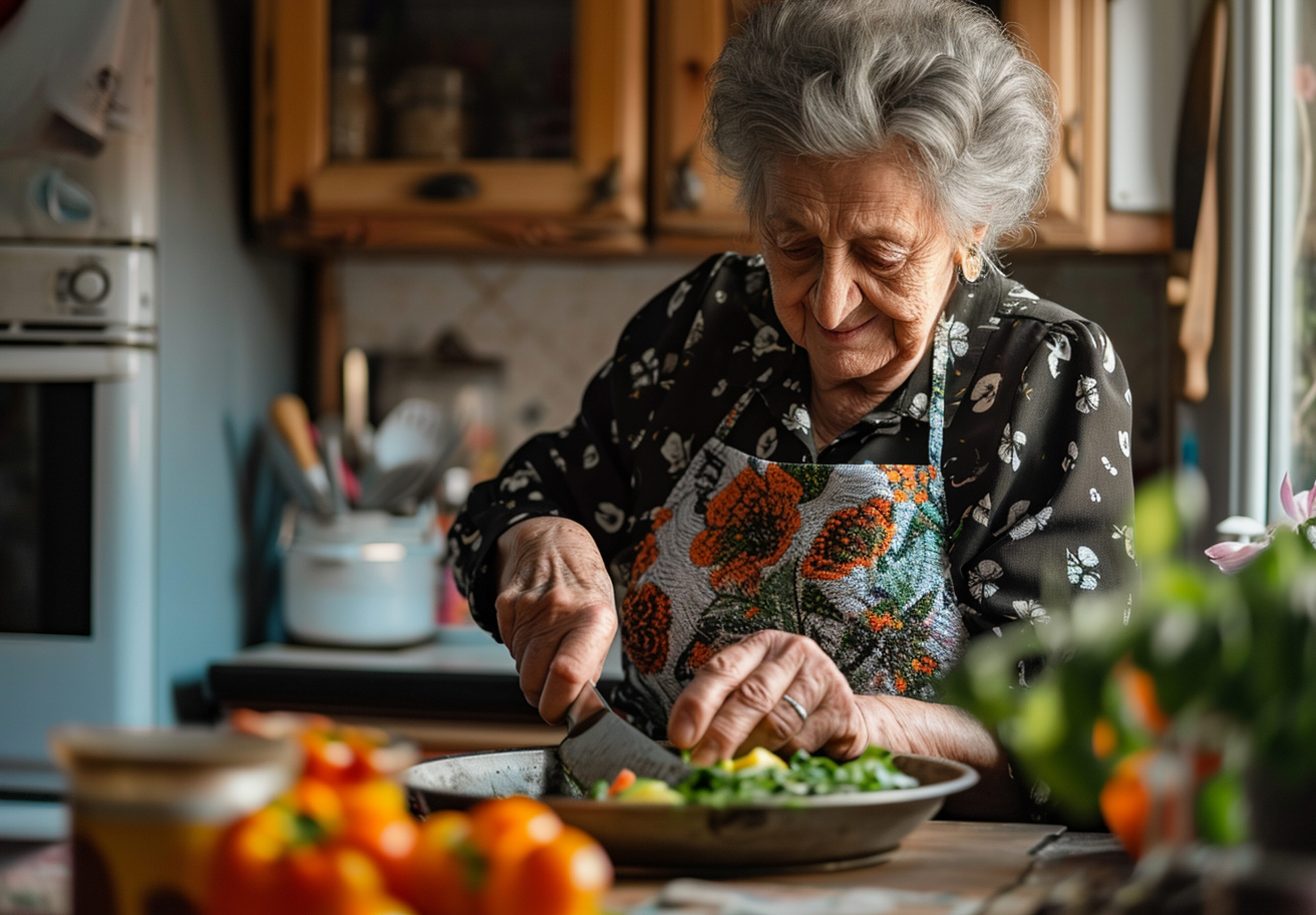 Femme âgée qui est en train de cuisine avec le sourire