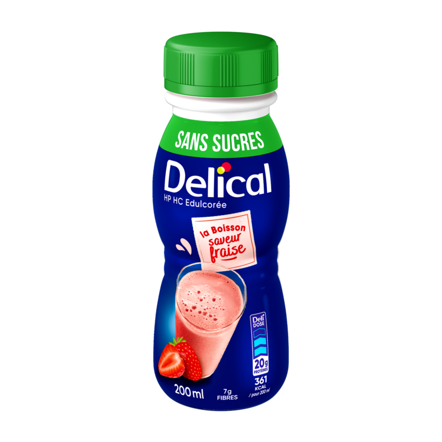 Une bouteille de complément nutritionnel oral Delical, boisson lactée sans sucres saveur fraise, contenant 20g de protéines et 361 kcal / pour 200ml