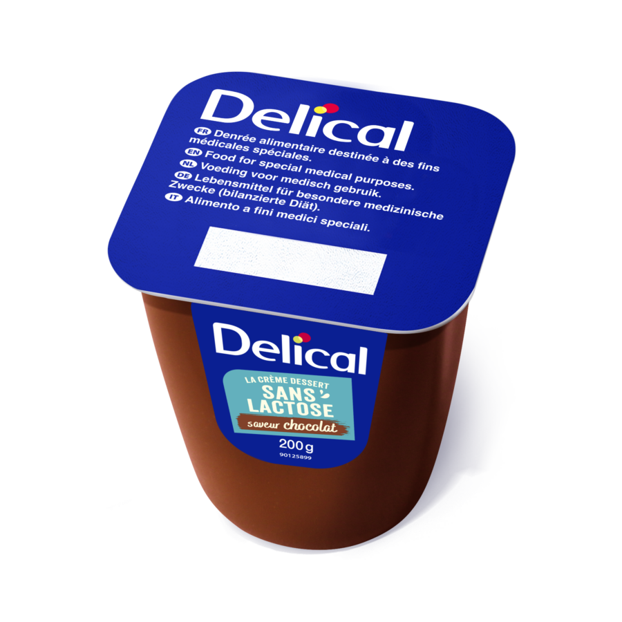 Pot de complément nutritionnel oral Delical La Crème Dessert, sans lactose, saveur chocolat, 200 g.