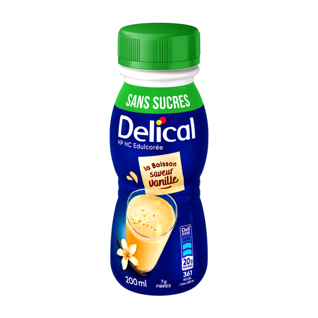 Une bouteille de complément nutritionnel oral Delical, boisson lactée sans sucres saveur vanille, contenant 20g de protéines et 361 kcal / pour 200ml