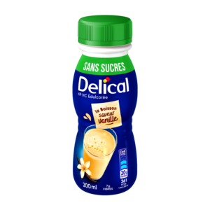 Une bouteille de complément nutritionnel oral Delical, boisson lactée sans sucres saveur vanille, contenant 20g de protéines et 361 kcal / pour 200ml