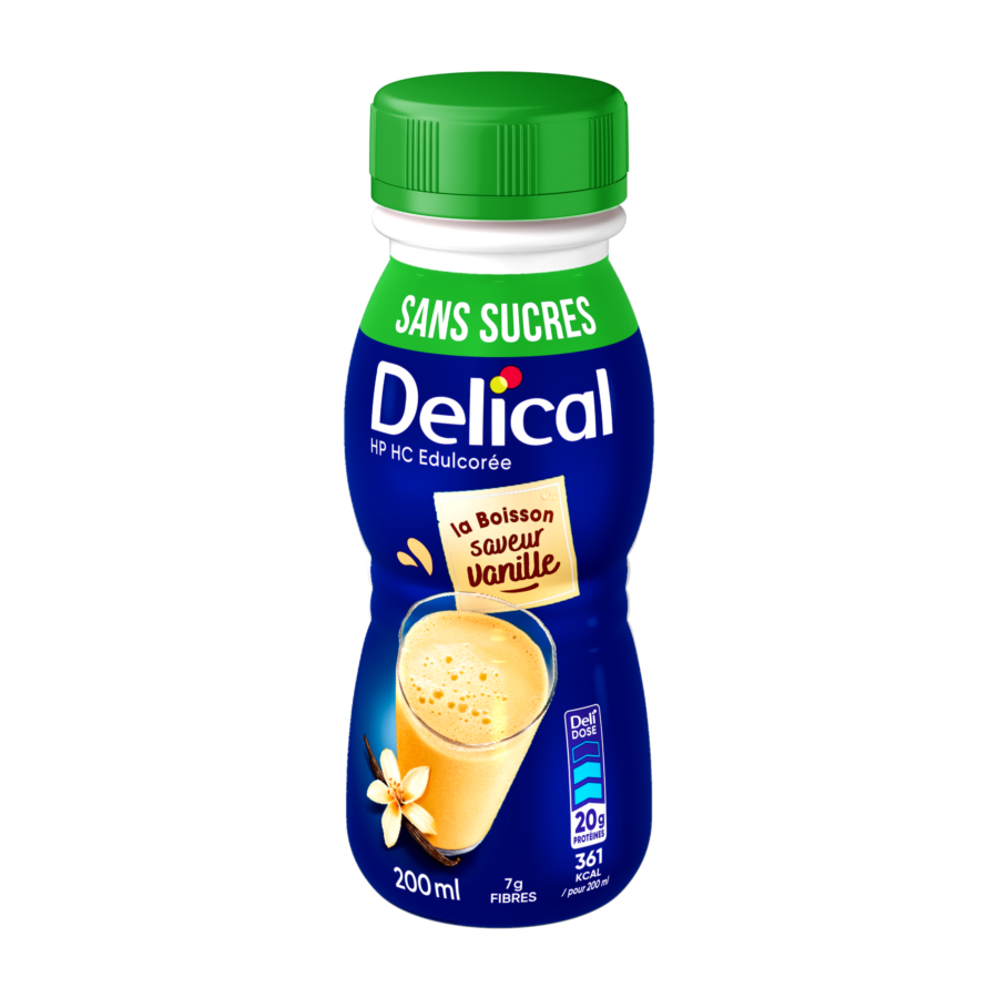 Une bouteille de complément nutritionnel oral Delical, boisson lactée sans sucres saveur vanille, contenant 20g de protéines et 361 kcal / pour 200ml