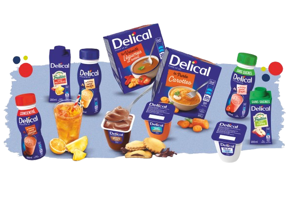 Image présentant une sélection de produits nutritionnels de la marque Delical (boissons, soupes, desserts) disposés sur un fond bleu avec des points colorés, illustrant la diversité de l’offre.