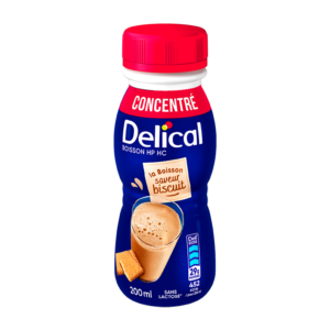 Bouteille de Delical Concentré HP HC saveur biscuit 200 ml, boisson hyperprotidique et hypercalorique concentrée en protéines. Bouteille bleue avec bouchon rouge, sur la bouteille visuel d’un verre de boisson goût biscuit et indication de 29 g de protéines et 452 kcal.
