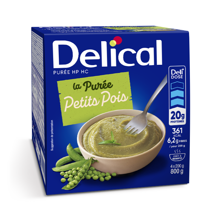 Pack de 4 portions Delical Purée HP HC petits pois. Emballage bleu avec visuel d'une purée de petits pois servie dans un bol, accompagnée de gousses et de petits pois frais, avec indication de 20 g de protéines, 361 kcal, 6,2 g de fibres pour 200 g et format 4 x 200 g.