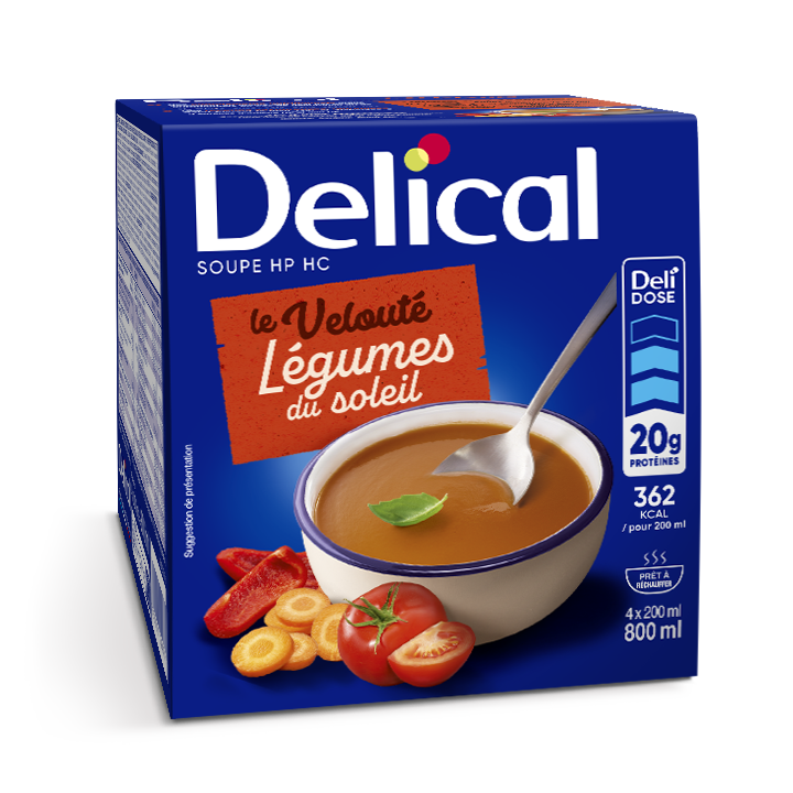 Pack de 4 bols Delical Soupe HP HC velouté légumes du soleil. Emballage bleu avec visuel d'un velouté de légumes servi dans un bol, accompagné de tomates, carottes et poivrons rouges, avec indication de 20 g de protéines, 362 kcal pour 200 ml et format 4 x 200 ml.