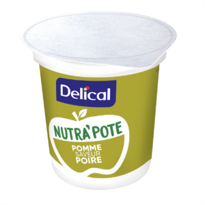 Pot de Delical Nutra'Pote pomme saveur poire 200 g. Dessert fruité glucido-protidique, emballage vert et blanc avec logo Nutra'Pote, visuel de pomme et indication de 8,2 g de protéines, 6 g de fibres et 280 kcal pour 200 g.