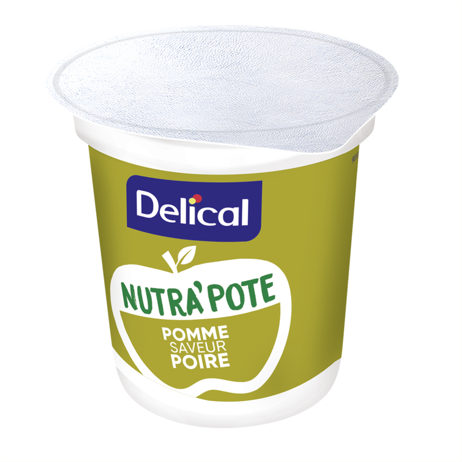 Pot de Delical Nutra'Pote pomme saveur poire 200 g. Dessert fruité glucido-protidique, emballage vert et blanc avec logo Nutra'Pote, visuel de pomme et indication de 8,2 g de protéines, 6 g de fibres et 280 kcal pour 200 g.