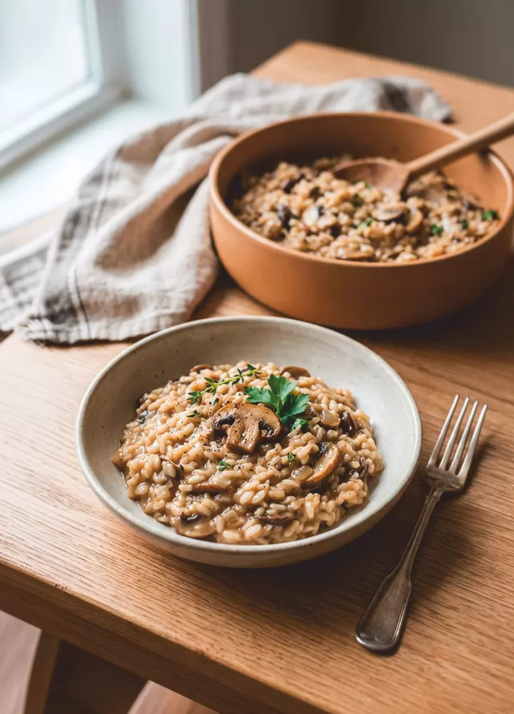 Risotto aux champignons crémeux enrichi en protéines et en calories.