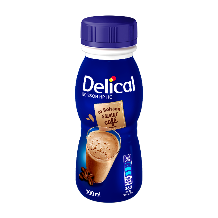 Bouteille de Delical Boisson HP HC saveur café 200 ml. Boisson hyperprotidique et hypercalorique, bouteille bleue avec bouchon bleu, visuel d'un verre de boisson saveur café accompagné de grains de café, avec indication de 20 g de protéines et 360 kcal pour 200 ml.