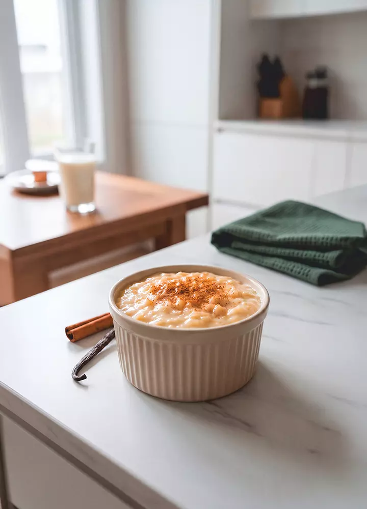 Riz au lait crémeux enrichi en protéines et en calories servi en portion individuelle.